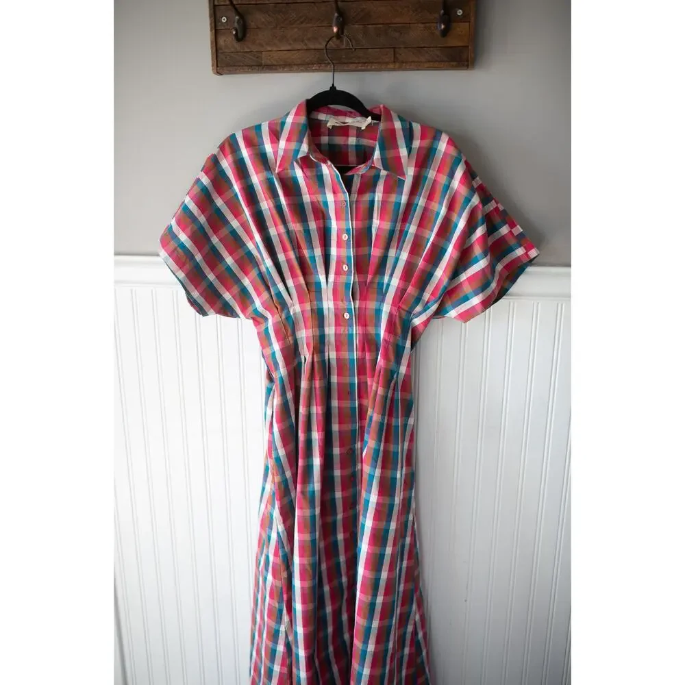 Anthropologie The Tobie Button-Front Pleated Shirt Dress by Exquise XS Plaid - Picture 2 of 4